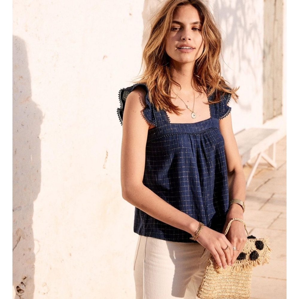 SEZANE NAVY BLUE RUFFLE BUTTON BACK TANK TOP PARIS WOMEN'S SIZE XS